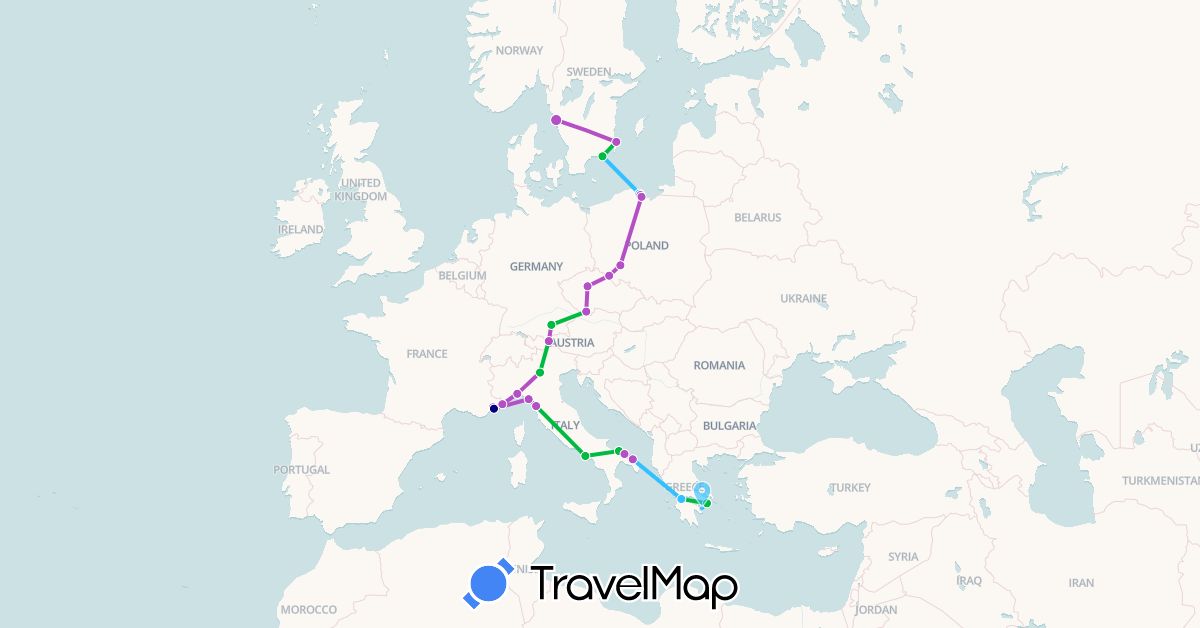 TravelMap itinerary: driving, bus, train, boat in Austria, Czech Republic, Germany, France, Greece, Italy, Poland, Sweden (Europe)